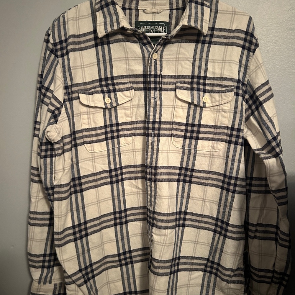 American Eagle Outfitters Cream and Navy Plaid Button-Down Shirt